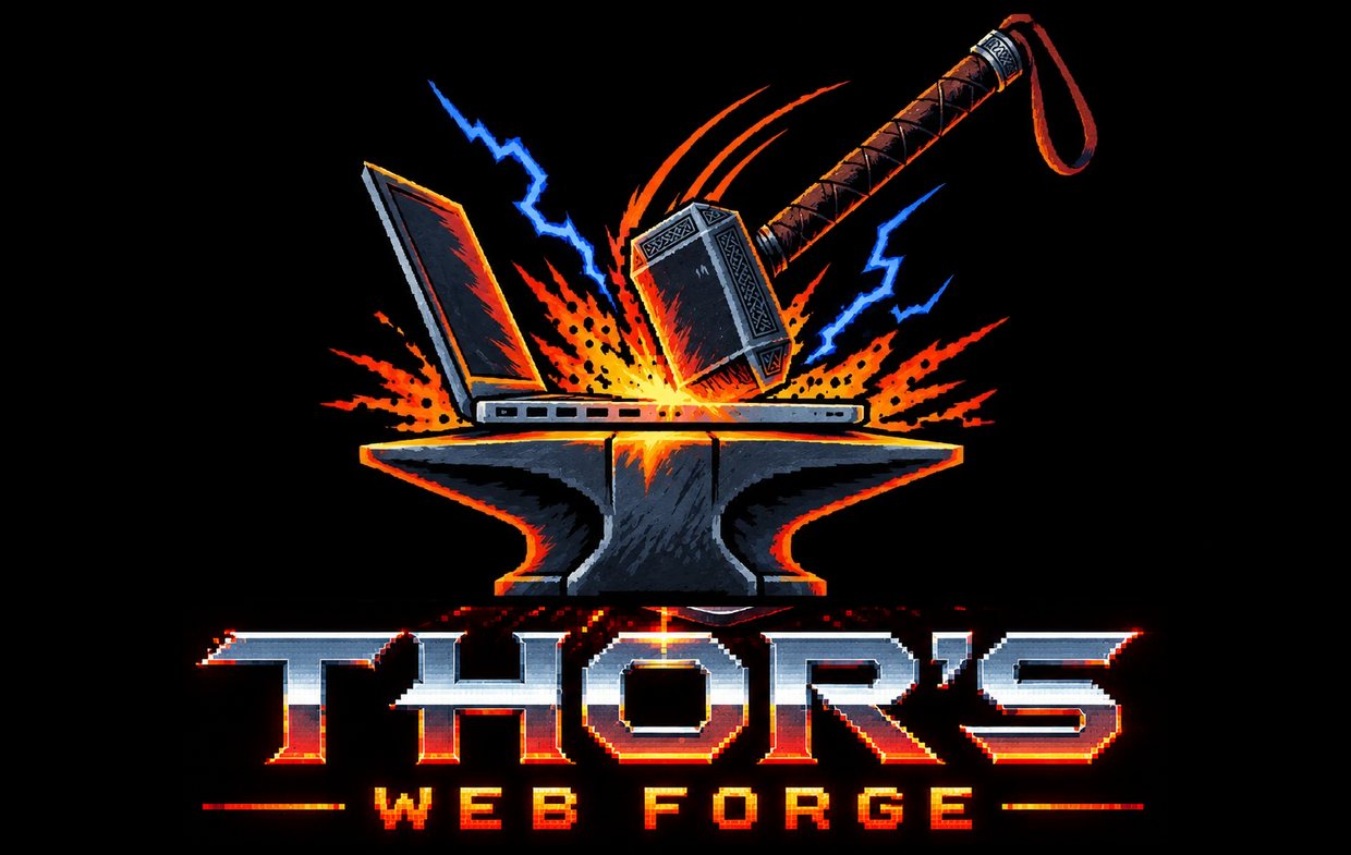Thor's Web Forge: Mjolnir striking a laptop on an anvil in a burst of sparks and lightning