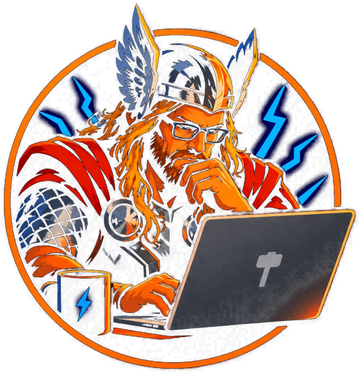 Thor, winged helmet and glasses, working at a laptop with a coffee